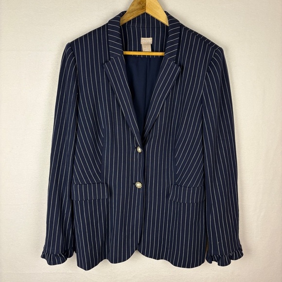 Chico's Blue Stripe Pearl Button Blazer Jacket - Picture 1 of 9